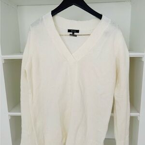 White V-Neck Sweater with Pearls on Sleeves - New